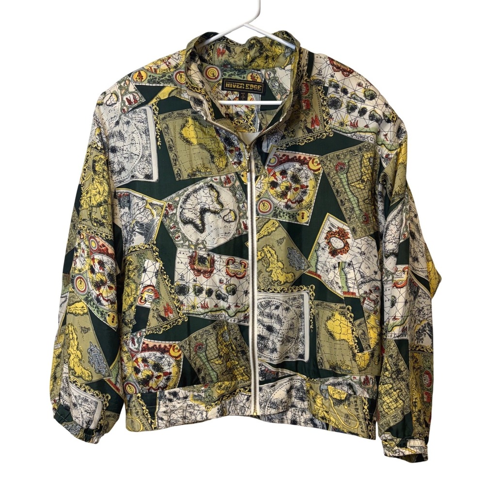 Vtg 80s River Edge Silk Bomber Jacket Womens S Map‎ Print Full Zip 90s Travel